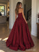 Burgundy Strapless Straight Neck Ruched Bodice Ball Gown Floor Length Evening Dress,PD13852