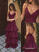 `Burgundy Chiffon Spaghetti Strap V-Neck Mermaid Gown With Ruched Bodice & Tiered Ruffle Skirt, PD13874`