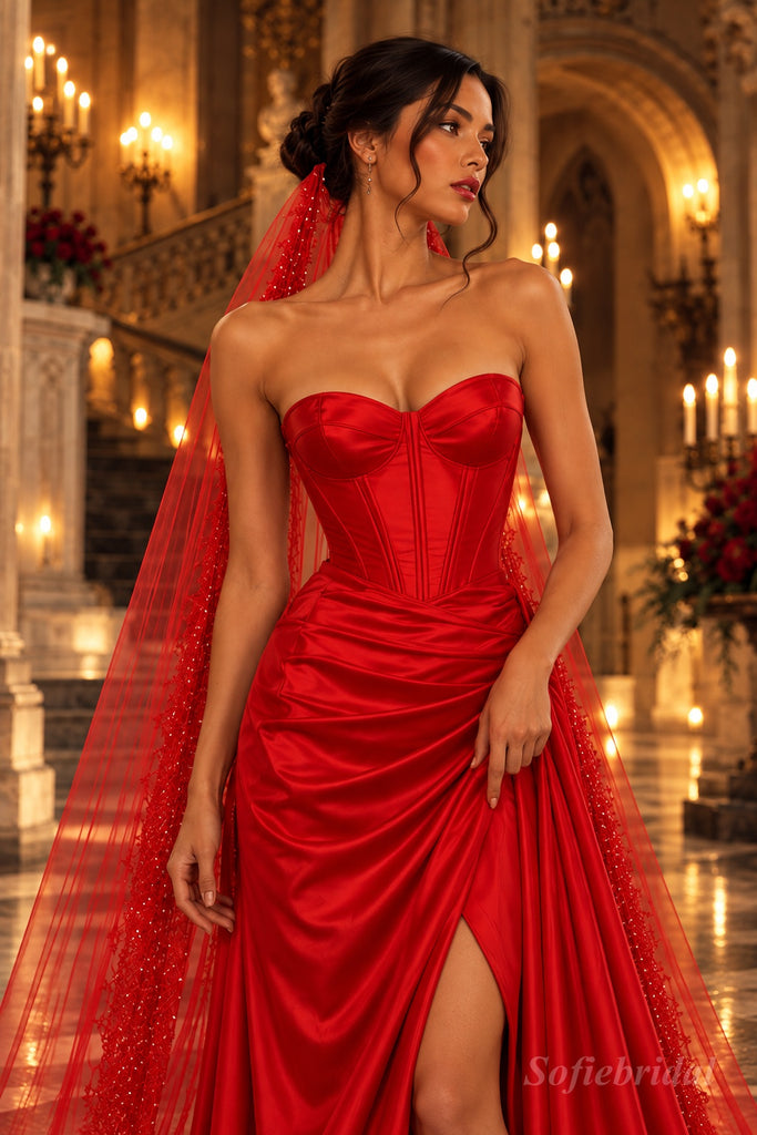 Red Luxe Satin Strapless Sweetheart Neck Prom Gown, Structured Boned Corset Bodice, Draped Mermaid Skirt With High Slit, Matching Beaded Tulle Long Cape,PD13861