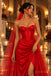 Red Luxe Satin Strapless Sweetheart Neck Prom Gown, Structured Boned Corset Bodice, Draped Mermaid Skirt With High Slit, Matching Beaded Tulle Long Cape,PD13861
