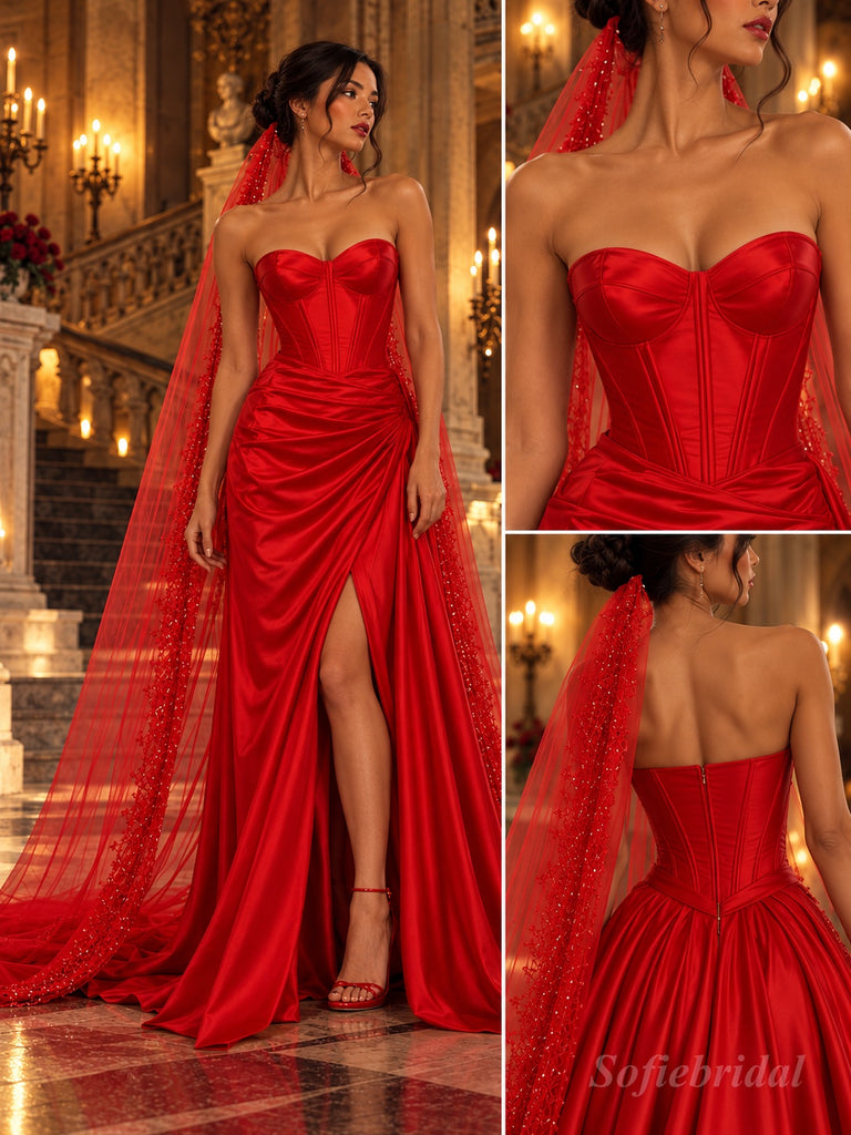 Red Luxe Satin Strapless Sweetheart Neck Prom Gown, Structured Boned Corset Bodice, Draped Mermaid Skirt With High Slit, Matching Beaded Tulle Long Cape,PD13861