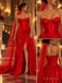 Red Luxe Satin Strapless Sweetheart Neck Prom Gown, Structured Boned Corset Bodice, Draped Mermaid Skirt With High Slit, Matching Beaded Tulle Long Cape,PD13861