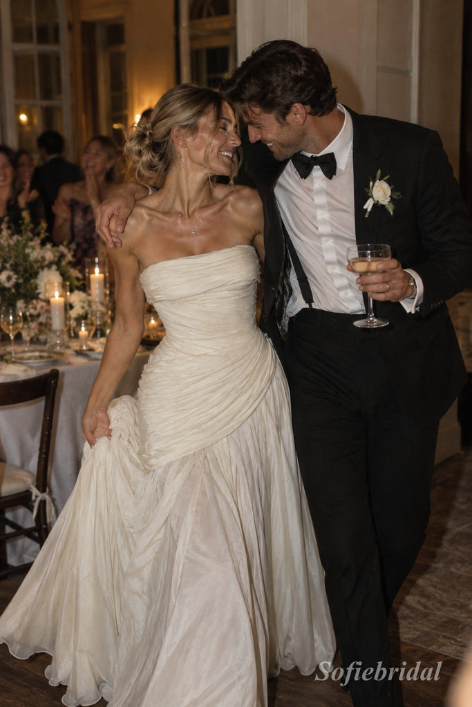 White Chiffon Strapless Tube Neck Draped Ruched Bodice Flowy A-Line Floor Length Wedding Dress, SFWD0101