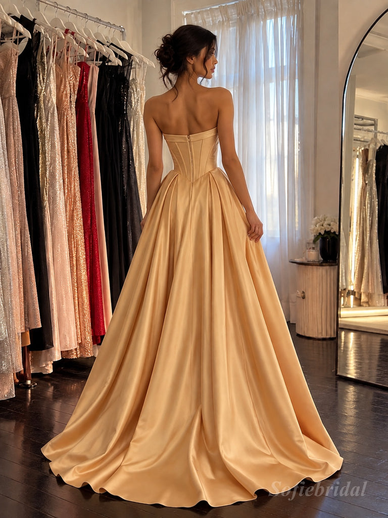 Champagne Satin Strapless Sweetheart Beaded Corset Ball Gown With High Slit,PD13862