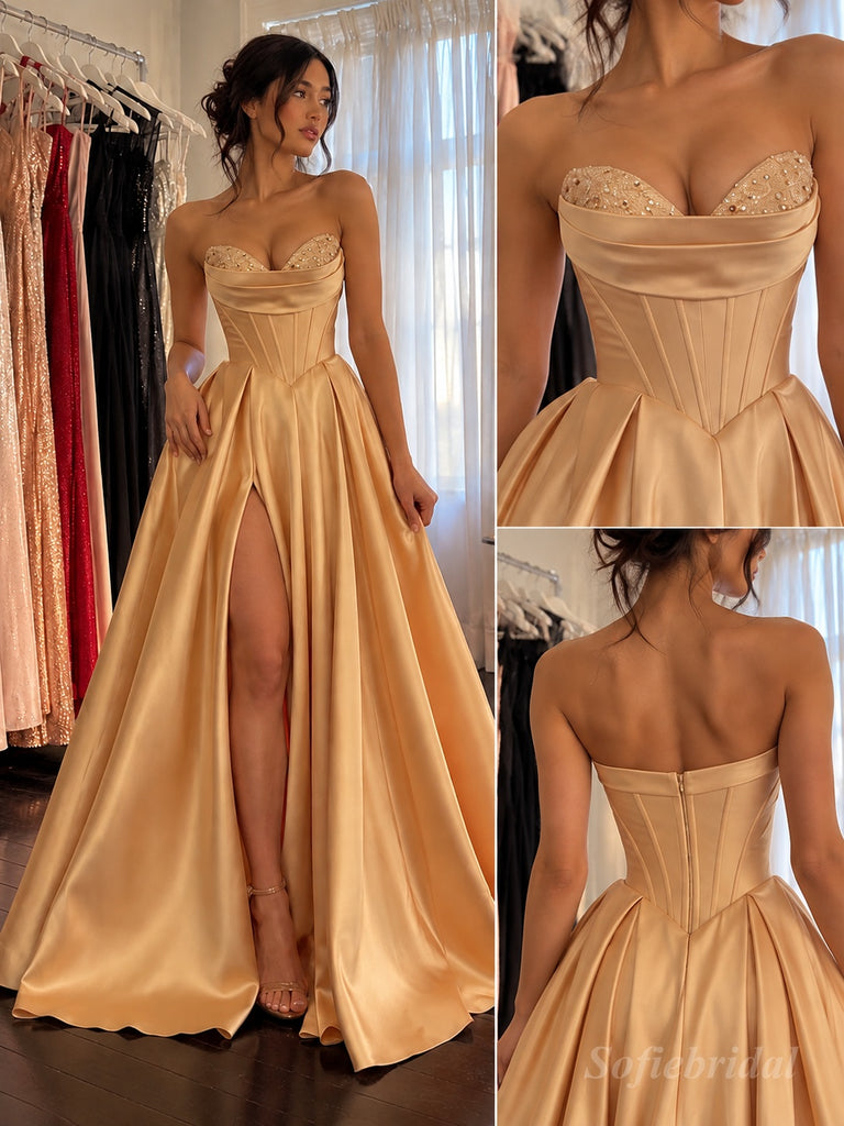 Champagne Satin Strapless Sweetheart Beaded Corset Ball Gown With High Slit,PD13862