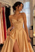 Champagne Satin Strapless Sweetheart Beaded Corset Ball Gown With High Slit,PD13862