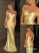 Pale Gold Off The Shoulder Satin Mermaid Gown, Ruched V Neck Formal Prom Dress, PD13944