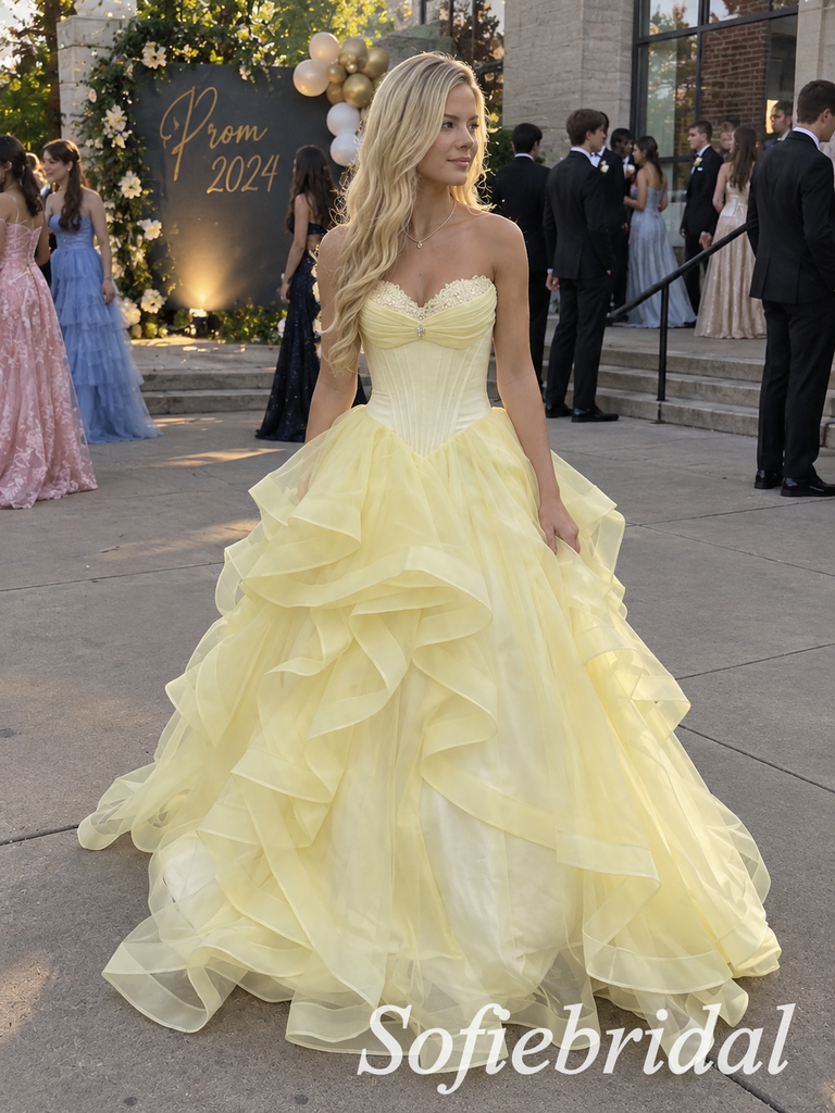 Pale Yellow Tulle Strapless Sweetheart Neck Corset Ruffled Skirt Crystal Embellished Floor Length A-Line Prom Gown,PD1352