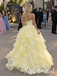 Pale Yellow Tulle Strapless Sweetheart Neck Corset Ruffled Skirt Crystal Embellished Floor Length A-Line Prom Gown,PD1352