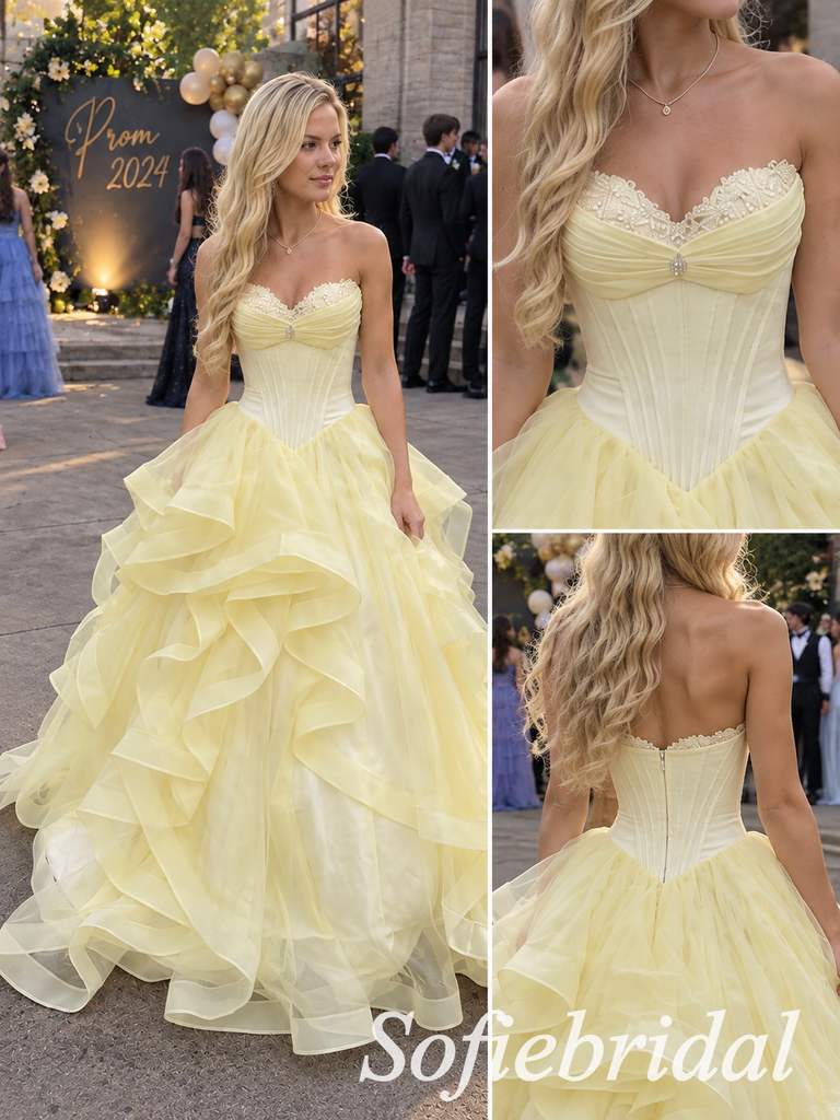 Pale Yellow Tulle Strapless Sweetheart Neck Corset Ruffled Skirt Crystal Embellished Floor Length A-Line Prom Gown,PD1352