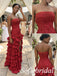 Burgundy Jacquard Strapless Beaded Fringe Corset High Low Ruffled Floor Length Sheath Prom Gown,PD1355