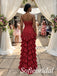 Burgundy Jacquard Strapless Beaded Fringe Corset High Low Ruffled Floor Length Sheath Prom Gown,PD1355