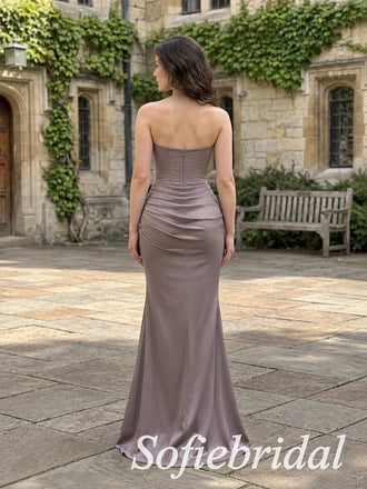 Dusty Mauve Satin Strapless Wavy Neck Corset Draped Waist Floor Length Mermaid Bridesmaid Gown,PD1356
