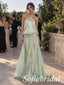 Sage Green Satin Halter Neck Rhinestone Strap Twisted Waist Draped Floor Length A-Line Bridesmaid Gown,PD1357