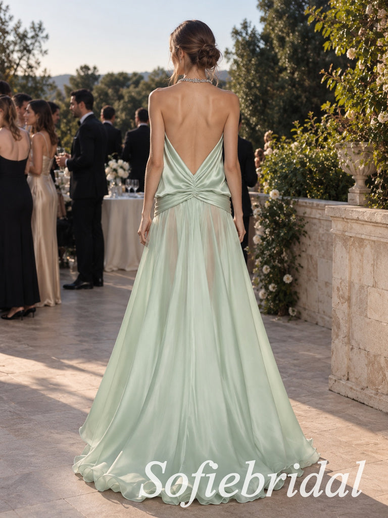 Sage Green Satin Halter Neck Rhinestone Strap Twisted Waist Draped Floor Length A-Line Bridesmaid Gown,PD1357
