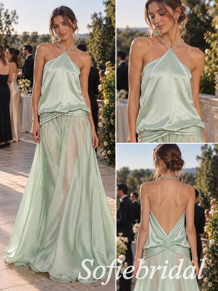 Sage Green Satin Halter Neck Rhinestone Strap Twisted Waist Draped Floor Length A-Line Bridesmaid Gown,PD1357