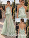 Sage Green Satin Halter Neck Rhinestone Strap Twisted Waist Draped Floor Length A-Line Bridesmaid Gown,PD1357