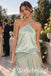 Sage Green Satin Halter Neck Rhinestone Strap Twisted Waist Draped Floor Length A-Line Bridesmaid Gown,PD1357