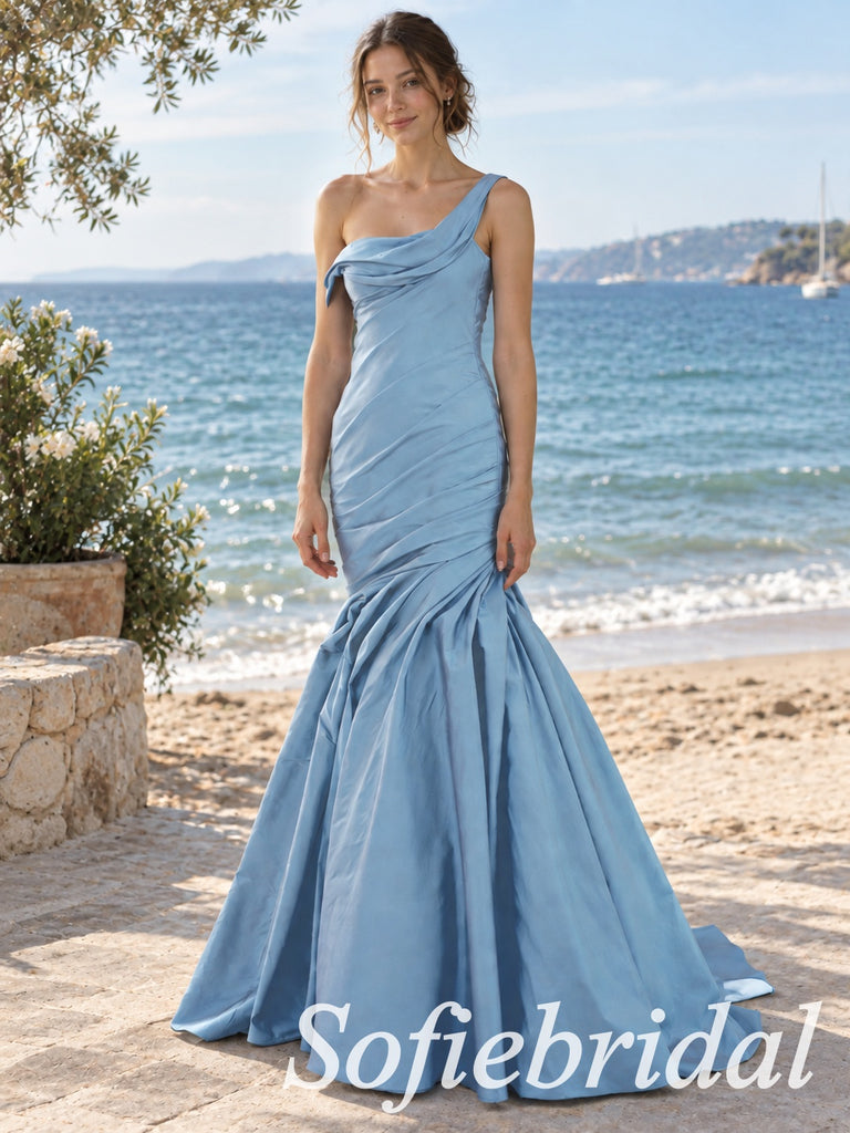 Dusty Blue Satin One Shoulder Draped Ruched Fitted Bodice Floor Length Mermaid Prom Dress ,PD1359