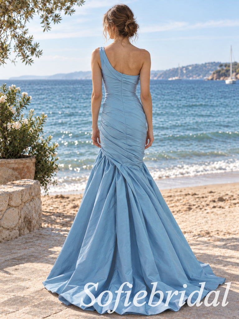 Dusty Blue Satin One Shoulder Draped Ruched Fitted Bodice Floor Length Mermaid Prom Dress ,PD1359