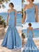 Dusty Blue Satin One Shoulder Draped Ruched Fitted Bodice Floor Length Mermaid Prom Dress ,PD1359