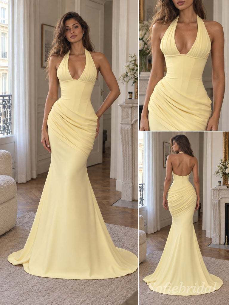 Yellow Halter Pleated Mermaid Dress,PD1371