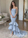 Dusty Blue Satin Strapless Ruched Bodice Cascading Ruffle Hem Train Mermaid Prom Dress,PD1362