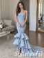 Dusty Blue Satin Strapless Ruched Bodice Cascading Ruffle Hem Train Mermaid Prom Dress,PD1362