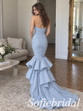 Dusty Blue Satin Strapless Ruched Bodice Cascading Ruffle Hem Train Mermaid Prom Dress,PD1362