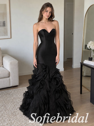 Black Satin Strapless Sweetheart Ruffle Organza Mermaid Dress,PD1365