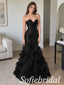 Black Satin Strapless Sweetheart Ruffle Organza Mermaid Dress,PD1365