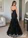 Black Satin Strapless Sweetheart Ruffle Organza Mermaid Dress,PD1365