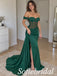 Emerald Green Satin Off The Shoulder Beaded Corset Slit Mermaid Dress,PD1366