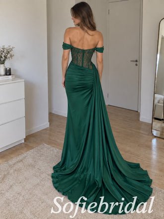 Emerald Green Satin Off The Shoulder Beaded Corset Slit Mermaid Dress,PD1366