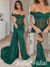 Emerald Green Satin Off The Shoulder Beaded Corset Slit Mermaid Dress,PD1366