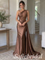 Chocolate Brown Satin One Shoulder Beaded Leaf Applique Side Drape Mermaid Dress,PD1367