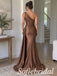 Chocolate Brown Satin One Shoulder Beaded Leaf Applique Side Drape Mermaid Dress,PD1367