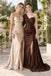 Chocolate One-Shoulder Beaded Satin Gown | Hand-Embellished Sparkle Sleeve, High Slit & Train Dress,PD1373