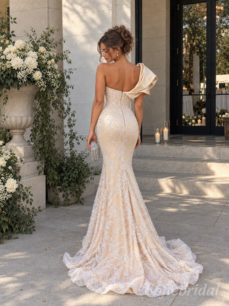 Champagne Lace Satin One Shoulder Draped Ruffle Beaded Mermaid Floor Length Prom Dress,PD1374