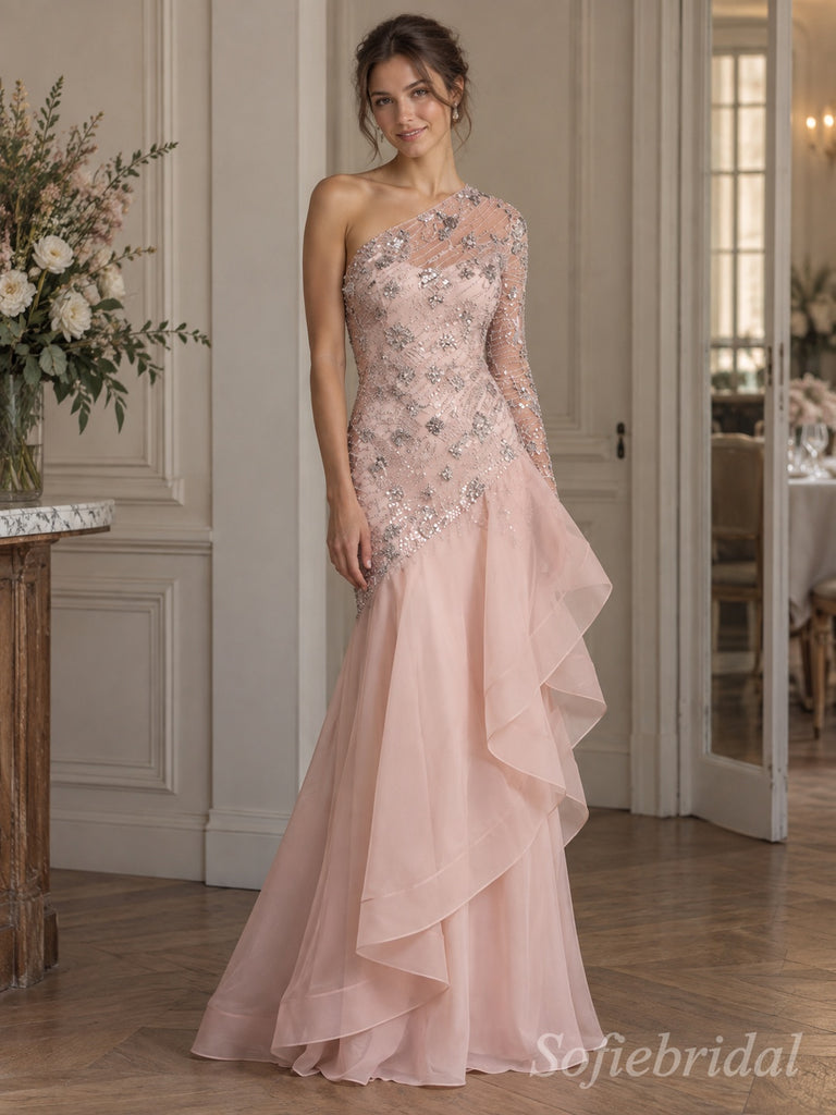 Blush Tulle One Shoulder Long Sleeve Floral Beaded Asymmetrical Ruffle Floor Length Prom Dress,PD1376