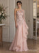 Blush Tulle One Shoulder Long Sleeve Floral Beaded Asymmetrical Ruffle Floor Length Prom Dress,PD1376