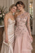 Blush Tulle One Shoulder Long Sleeve Floral Beaded Asymmetrical Ruffle Floor Length Prom Dress,PD1376