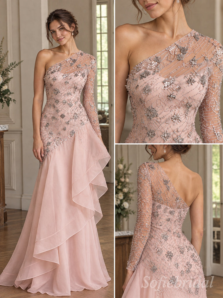 Blush Tulle One Shoulder Long Sleeve Floral Beaded Asymmetrical Ruffle Floor Length Prom Dress,PD1376