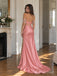 Blush Satin Off Shoulder Crystal Fringe Illusion Corset High Slit Mermaid Floor Length Prom Dress,PD1377