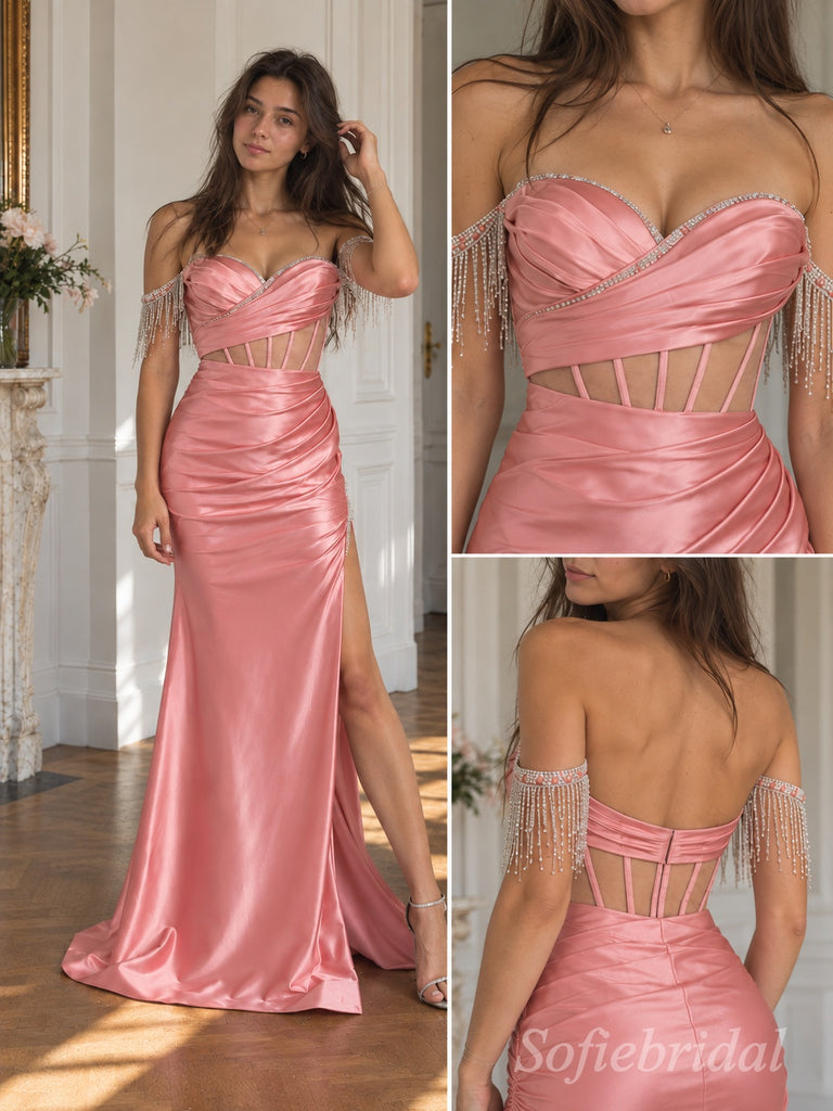 Blush Satin Off Shoulder Crystal Fringe Illusion Corset High Slit Mermaid Floor Length Prom Dress,PD1377