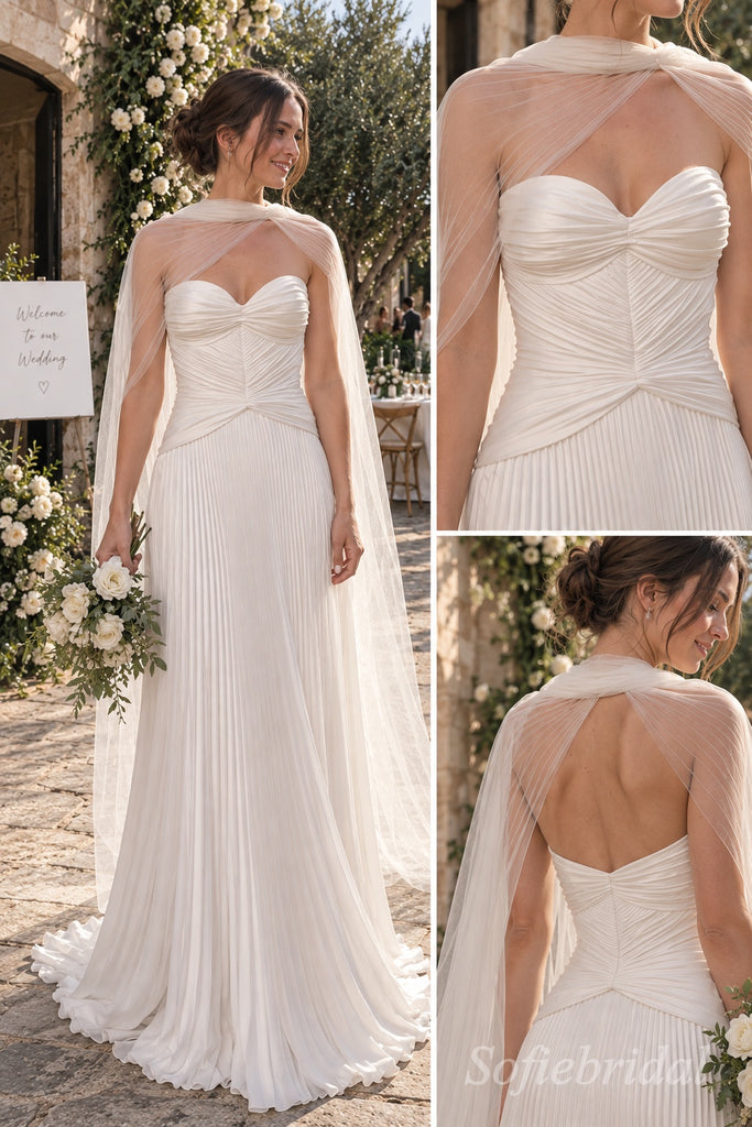 White Pleated Chiffon Sweetheart Neck Sheer Tulle Cape A-line Floor Length Wedding Dress, SFWD0097