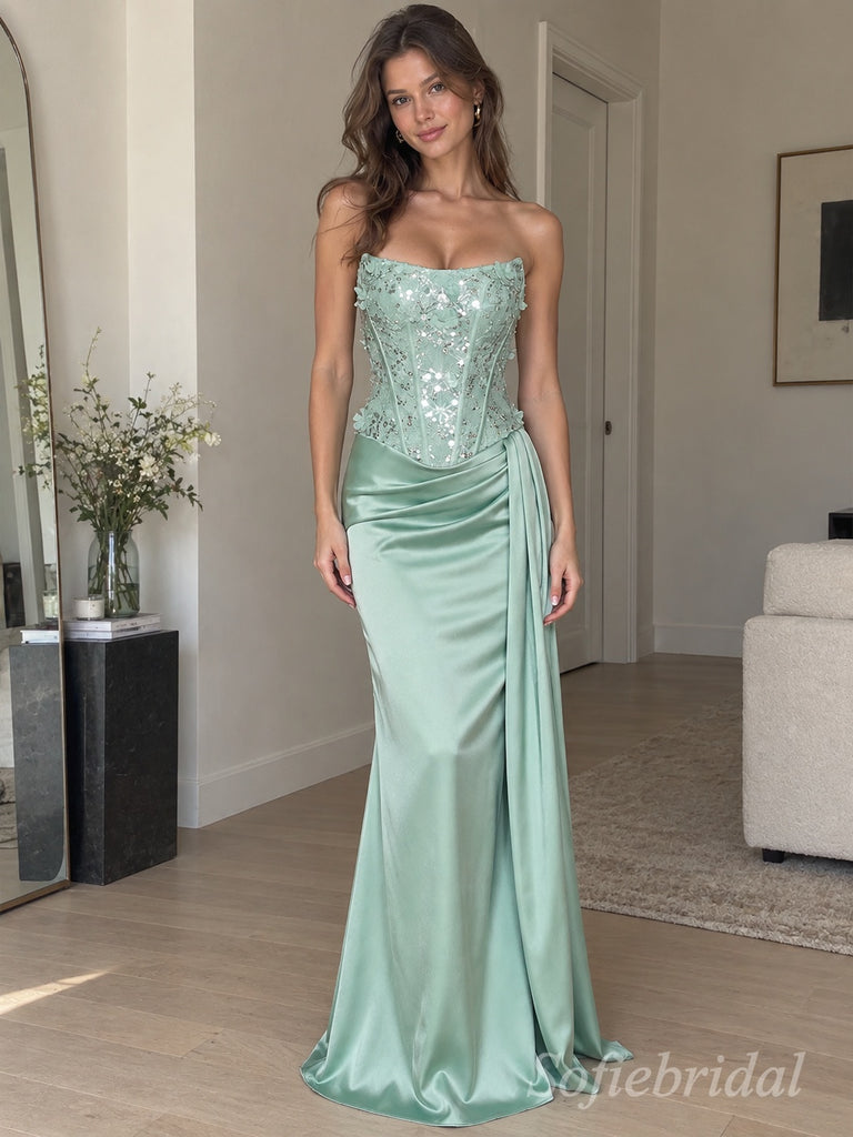 Sage Satin Strapless Corset 3D Floral Sequin Draped Sash Mermaid Floor Length Evening Gown,PD1380