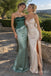 Sage Green Satin Strapless Sweetheart Corset Asymmetric Draped Sheath Floor Length Prom Dress,PD1381