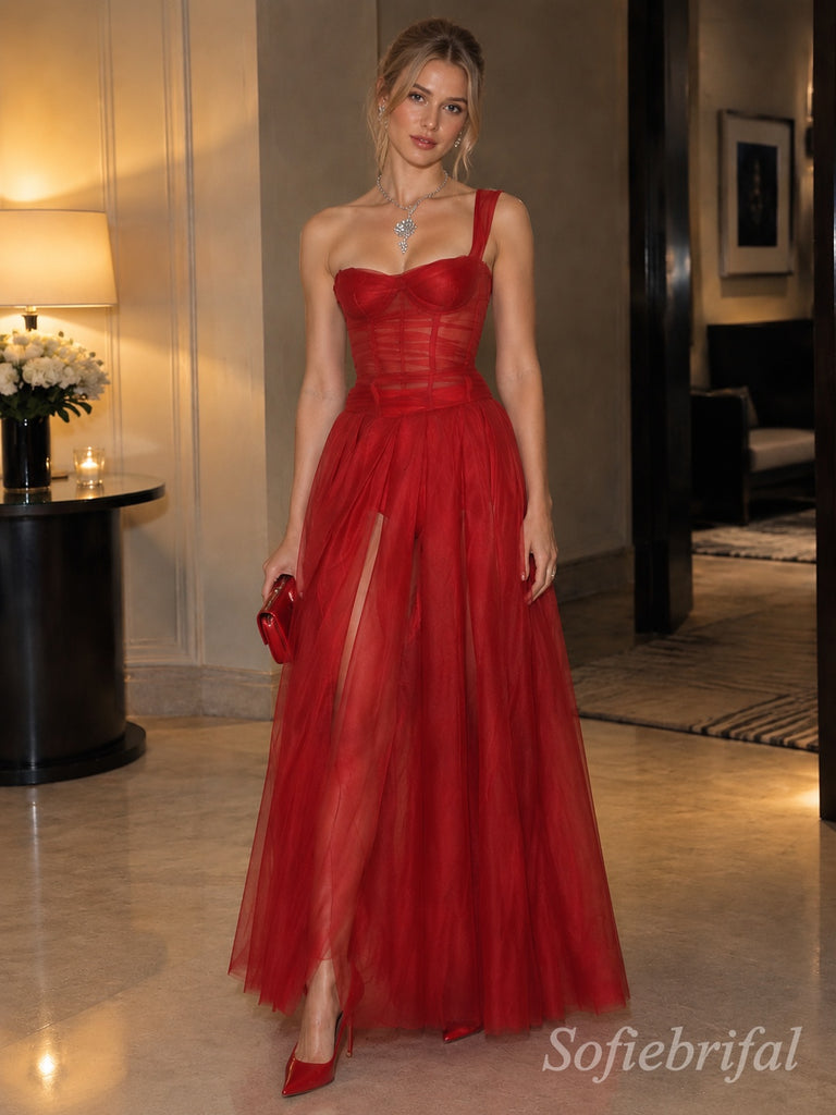Red Mesh One Shoulder Sheer Corset Bustier Puffy Tulle Prom Dress,PD1382