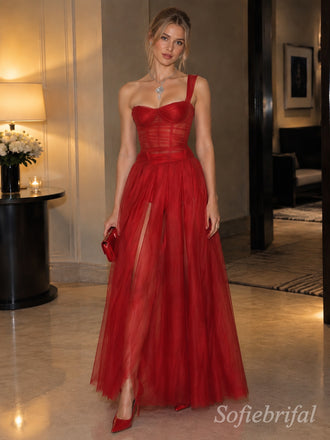Red Mesh One Shoulder Sheer Corset Bustier Puffy Tulle Prom Dress,PD1382
